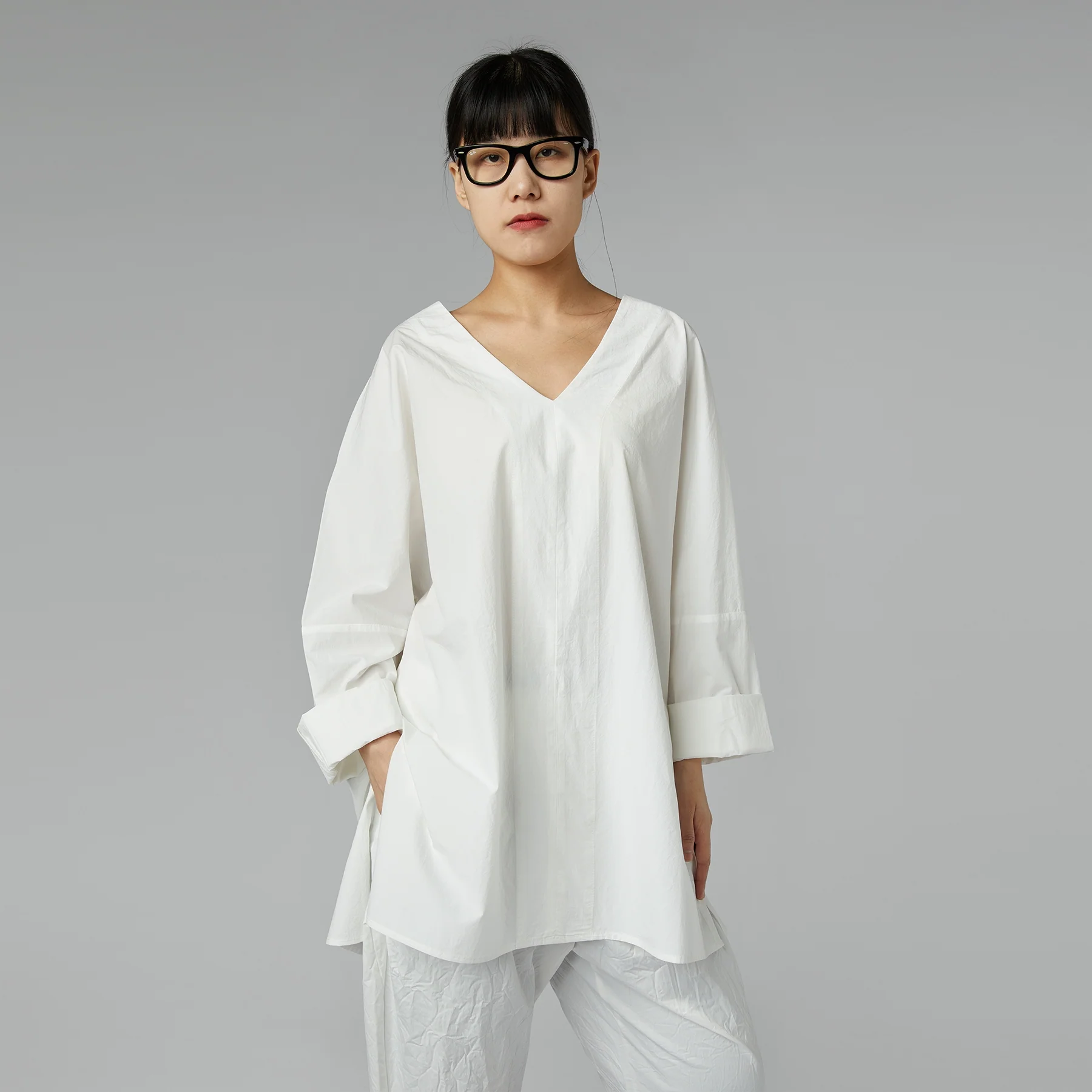MAXI BLOUSE WITH V NECKLINE WHITE - Image 5