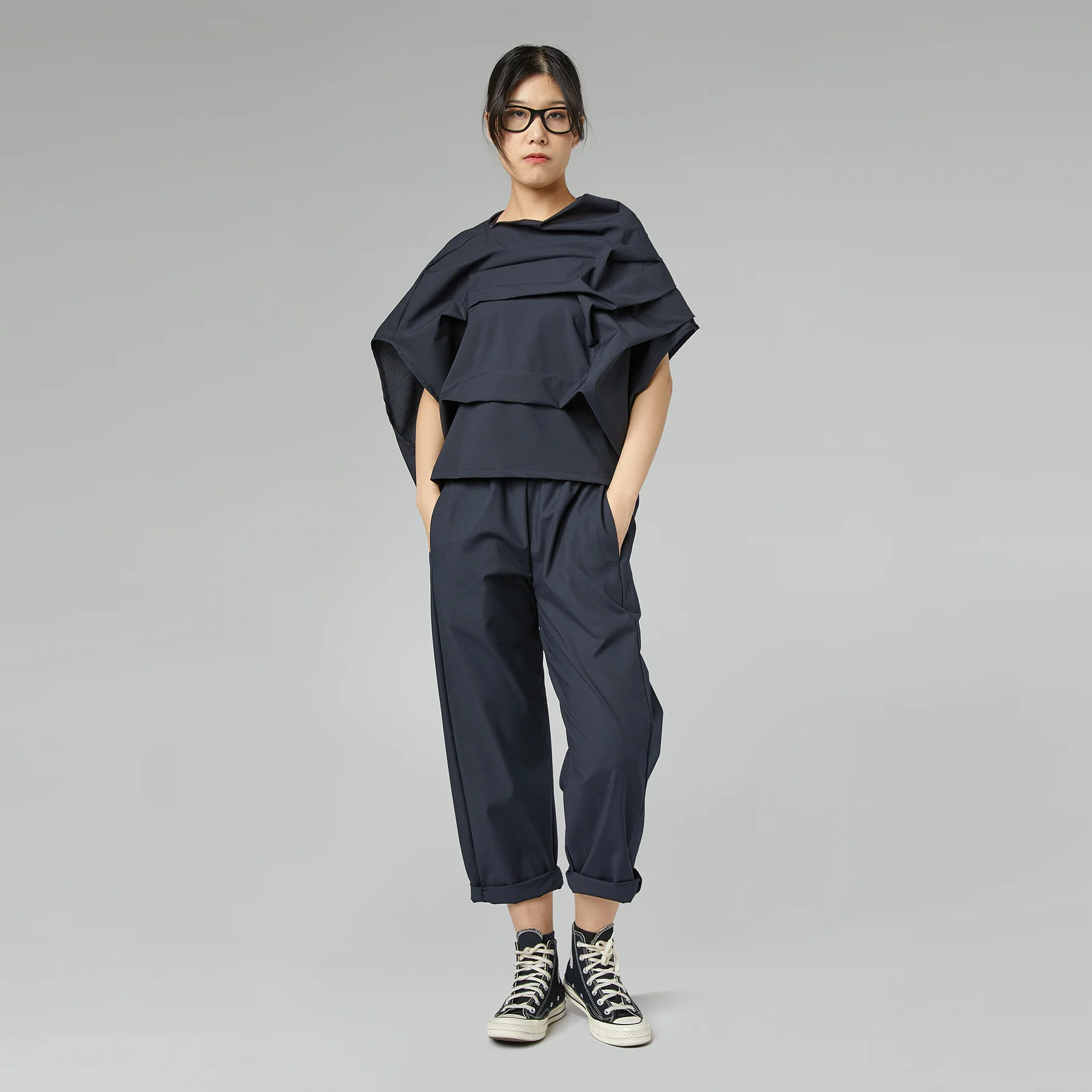 TWILL PLEATED BLOUSE BLACK - Image 3